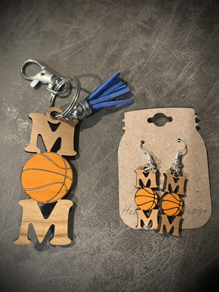 Sports mom earrings and keychain set
