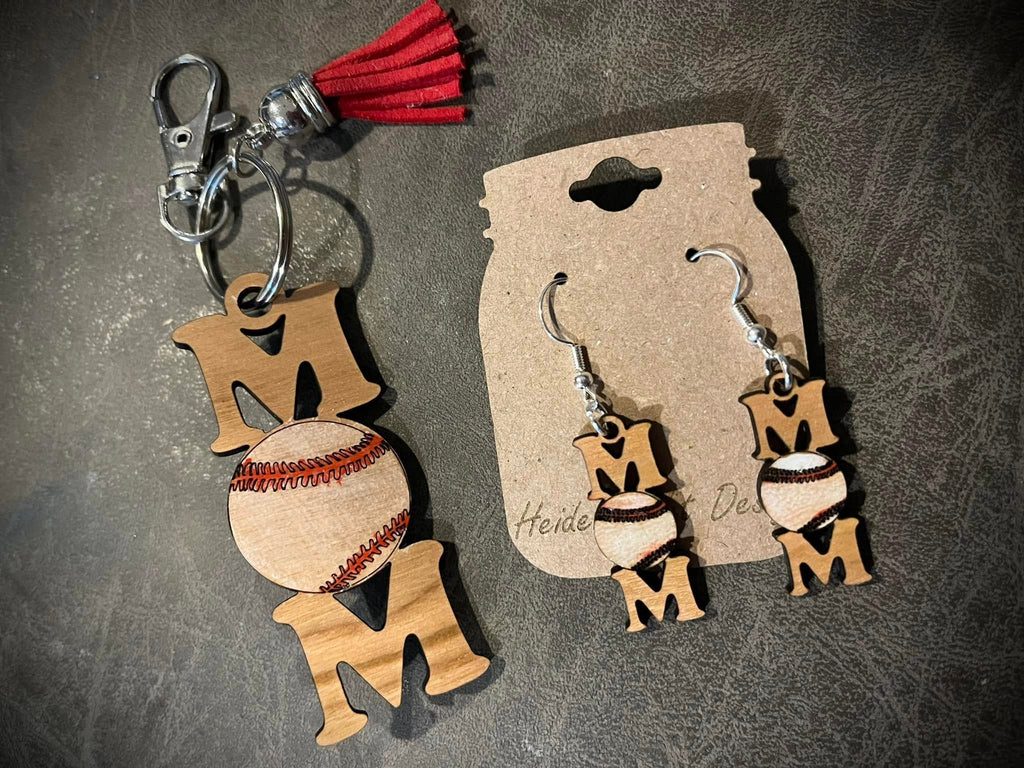 Sports mom earrings and keychain set