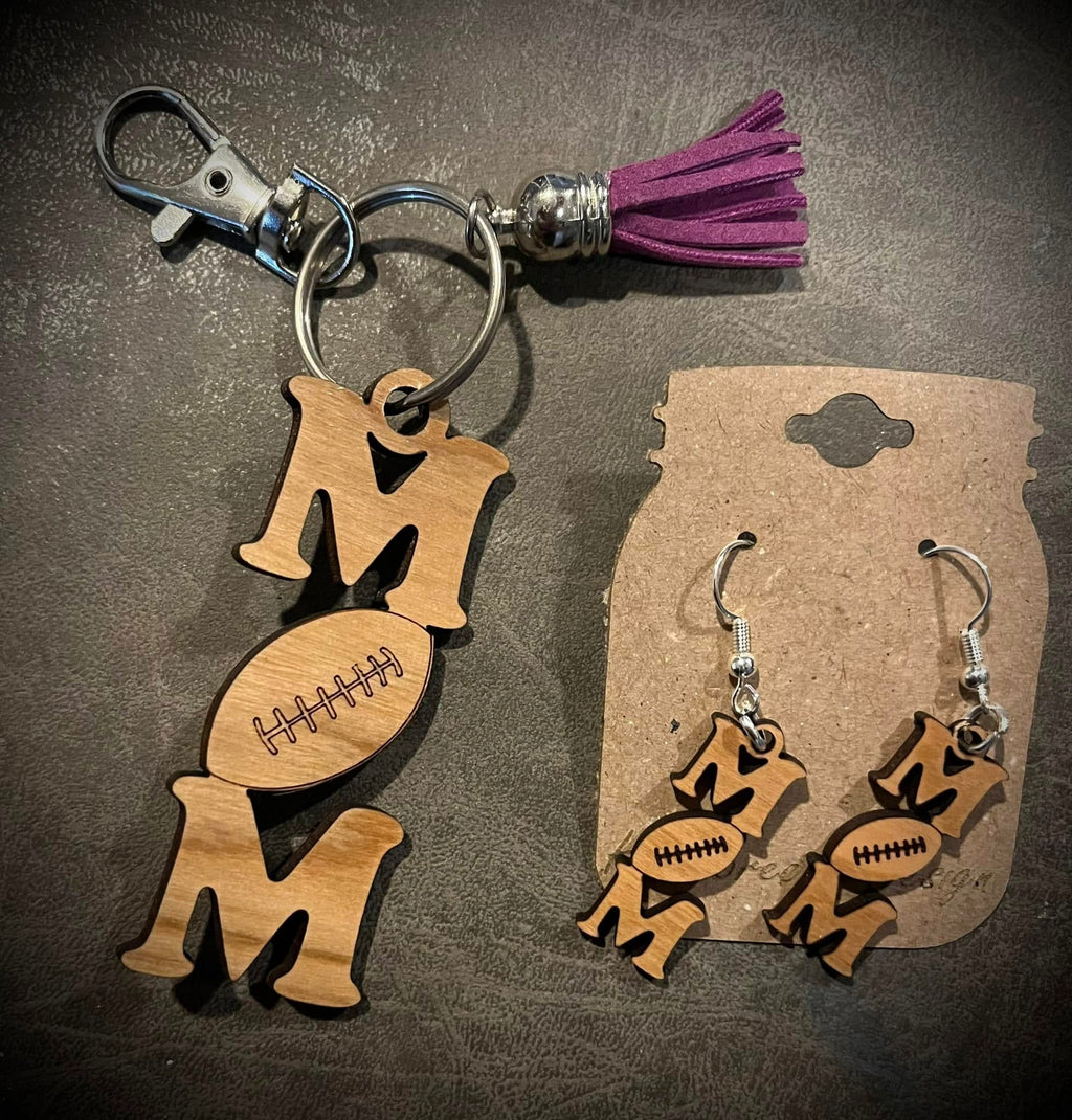 Sports mom earrings and keychain set