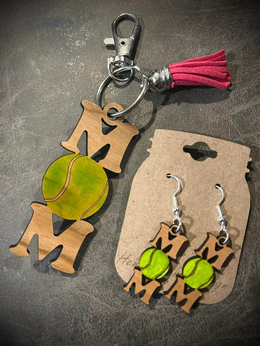 Sports mom earrings and keychain set