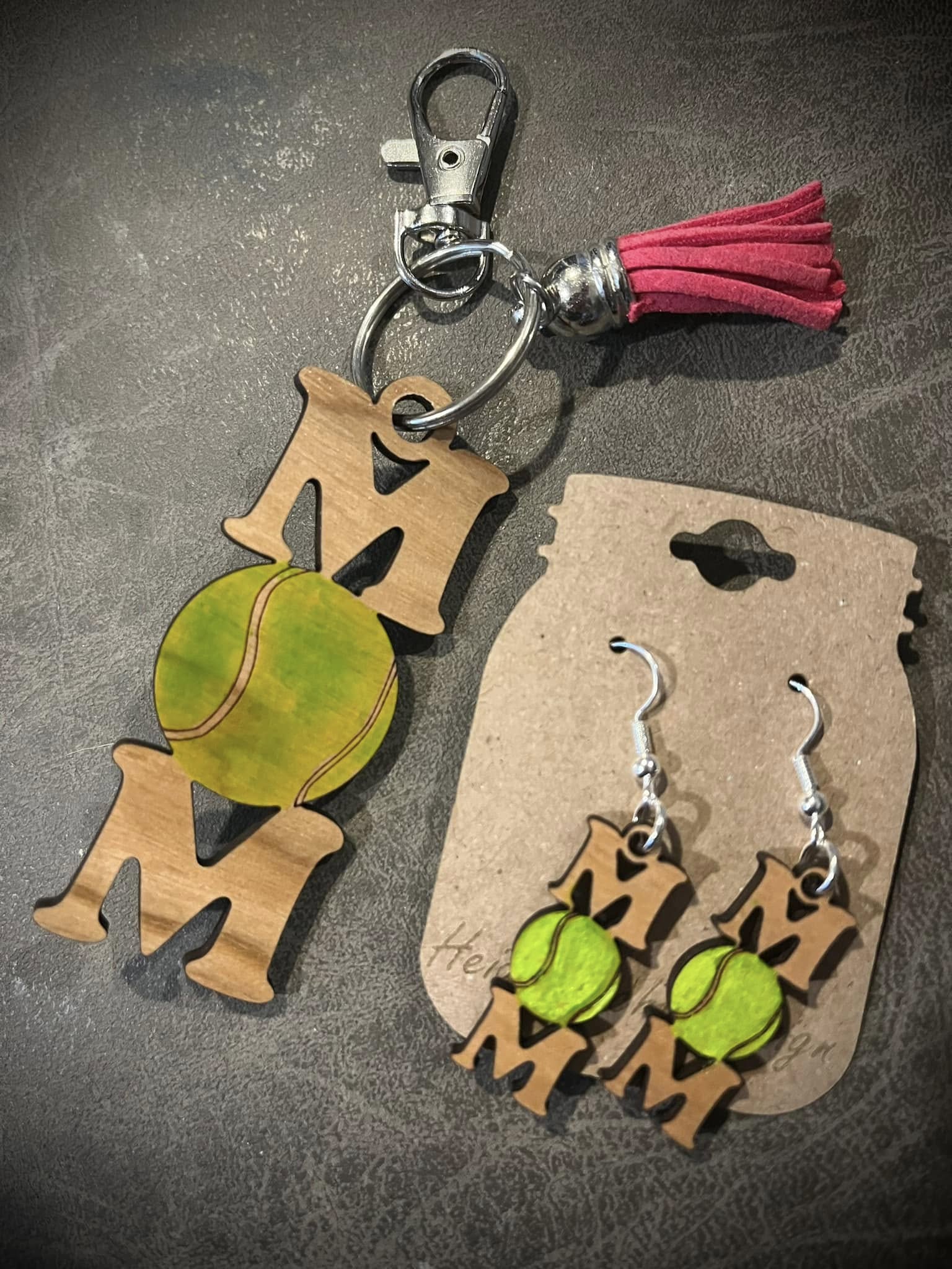 Sports mom earrings and keychain set
