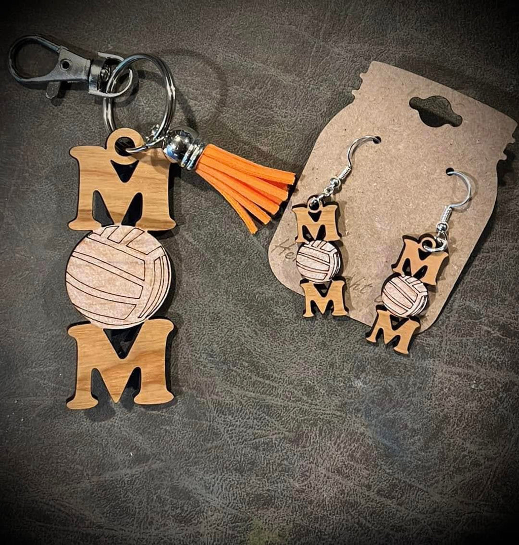 Sports mom earrings and keychain set