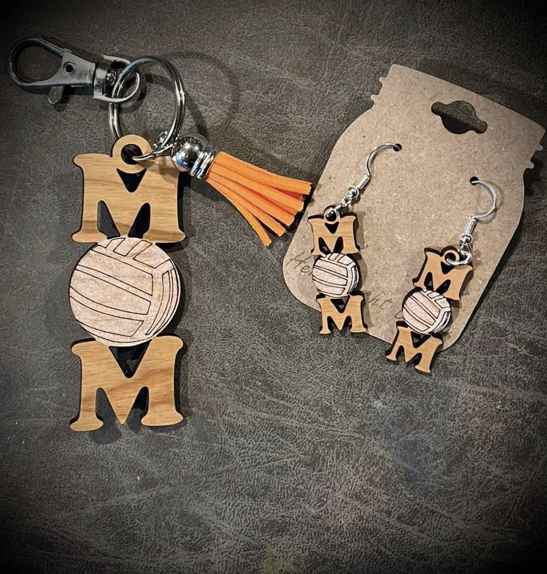Sports mom earrings and keychain set